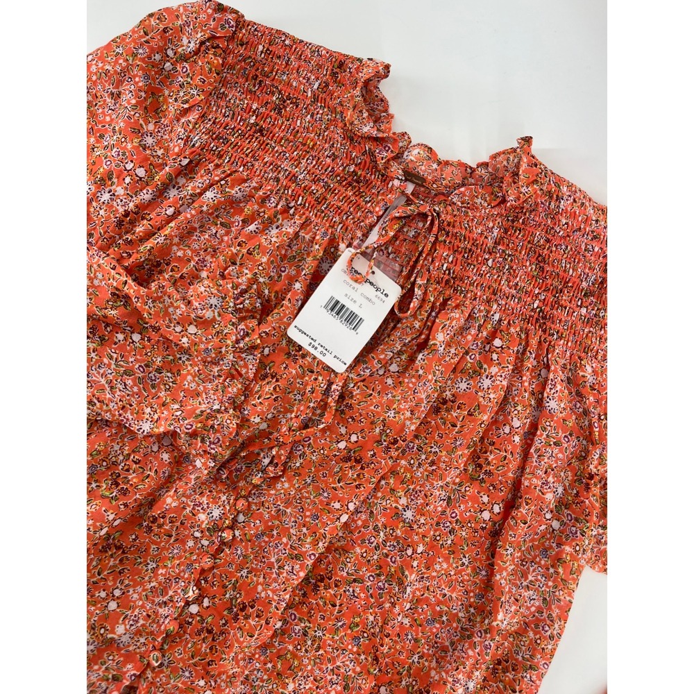Free People Orange Floral Smocked Peasant Blouse